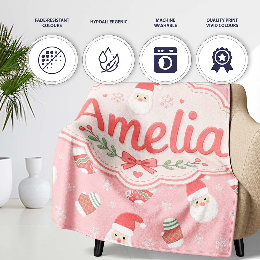 Cute Santa Claus Mittens Socks Christmas Seamless Pattern Lovely  Personalised Custom Name Super Soft Fleece Blanket Bed Sofa Throw
