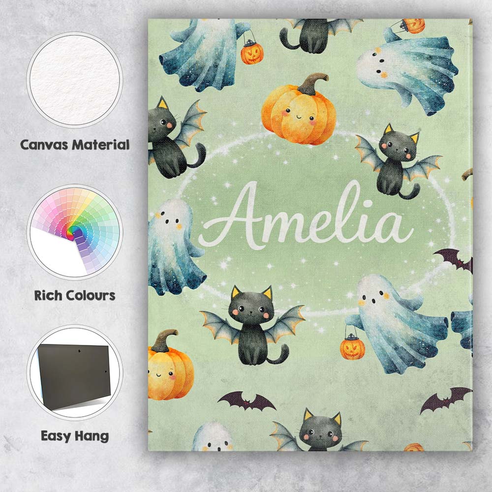 Personalised Name Halloween Ghost Pumpkin Cat Seamless Pattern Sage Custom Canvas Wall Art Print Decor Picture Ready to Hang