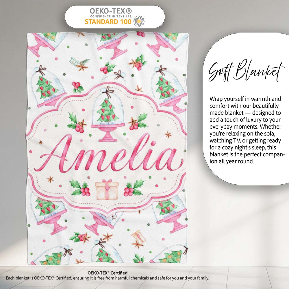 Watercolor Christmas Snow Globe Tree Holiday Seamless Pattern Lovely  Personalised Custom Name Super Soft Fleece Blanket Bed Sofa Throw