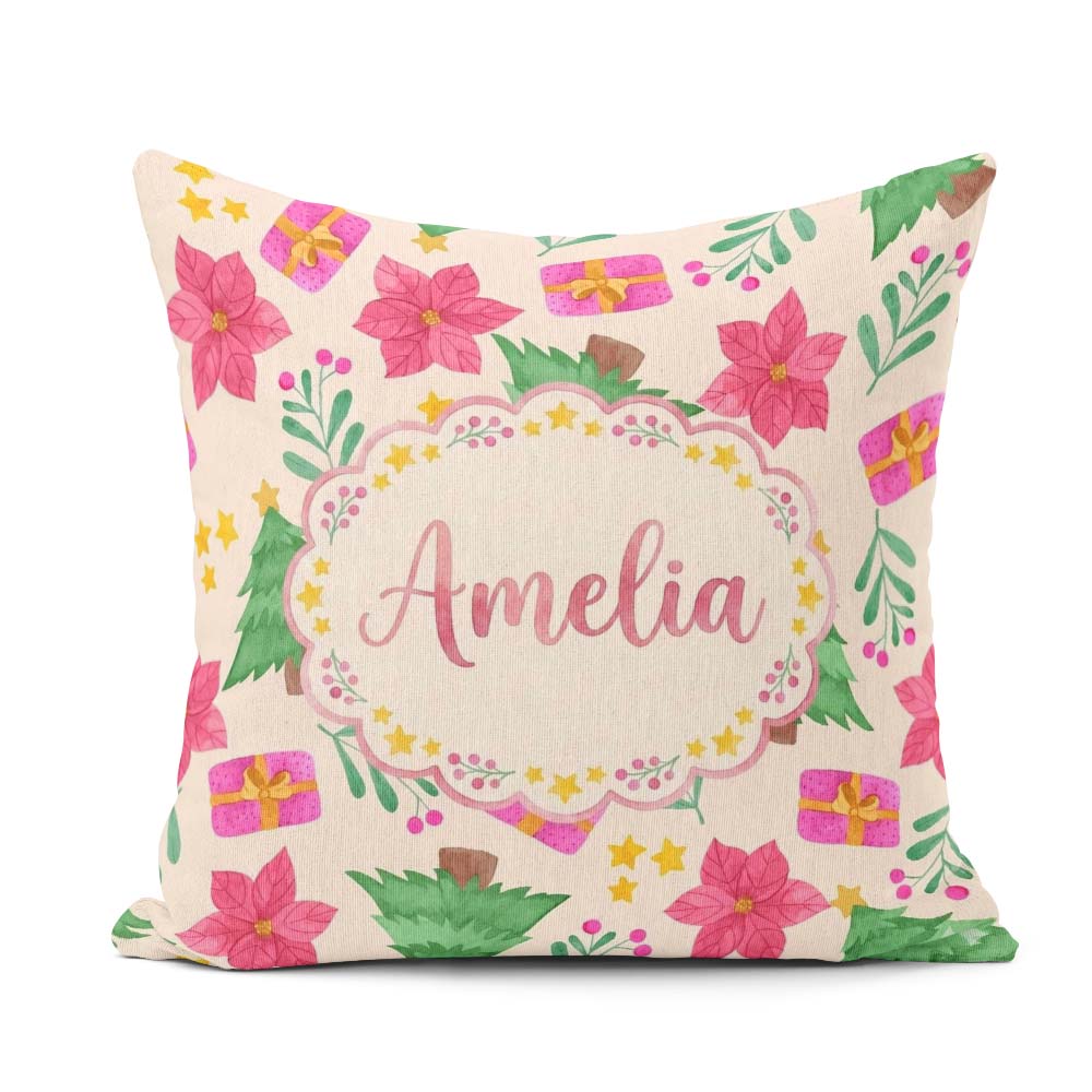 Custom Name Watercolor Christmas Poinsettia Tree Festive Pattern Square Filled Cushion Throw Pillow Sofa Bed Home Decor Zip Washable UK Made