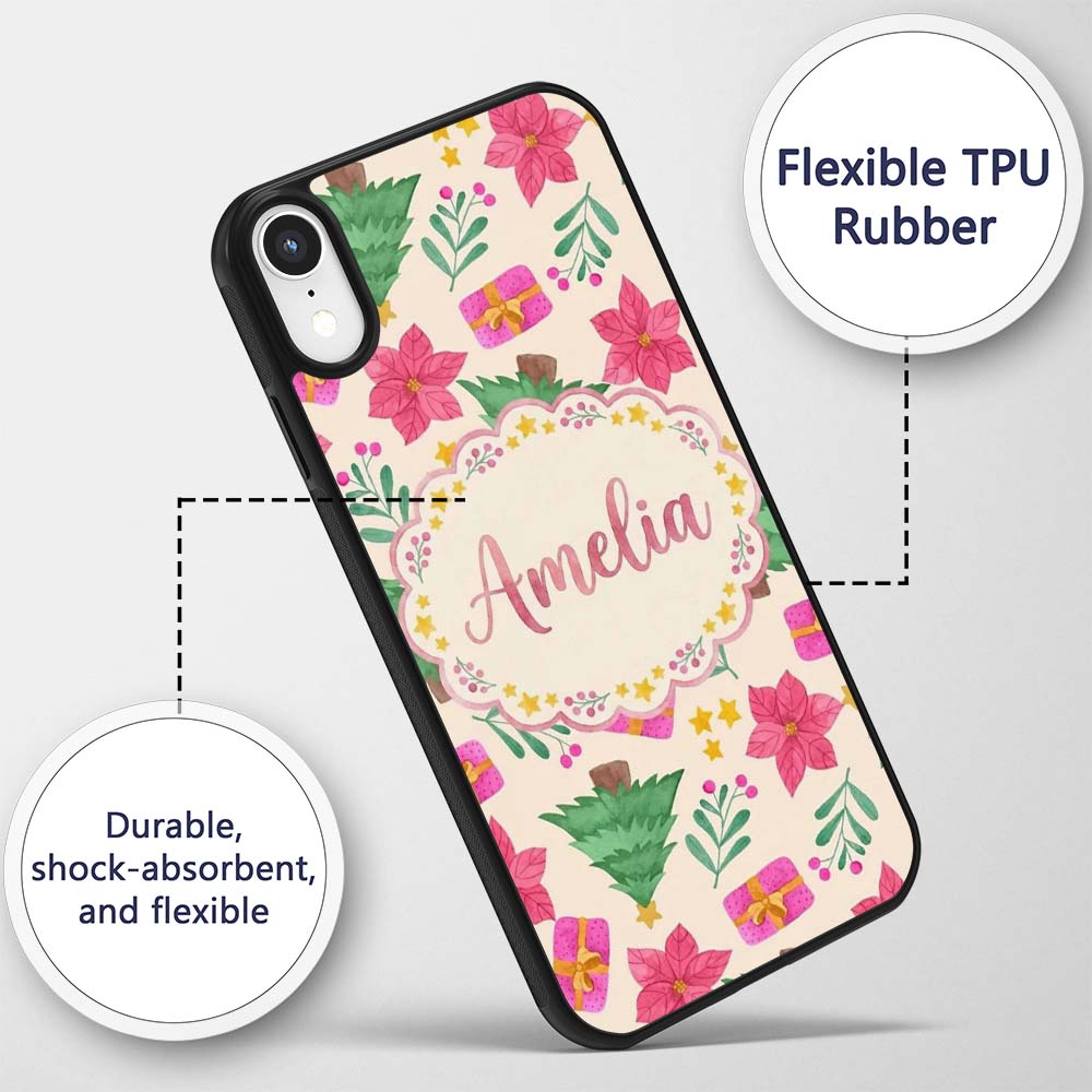 Watercolor Christmas Poinsettia Gift Tree Festive Custom Name Protective Phone Case Mobile Cover Durable Everyday Smartphone Shock Resistant