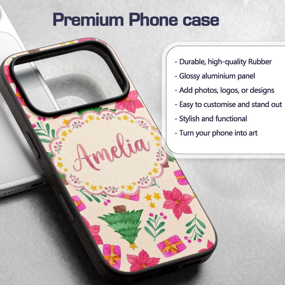 Watercolor Christmas Poinsettia Gift Tree Festive Custom Name Protective Phone Case Mobile Cover Durable Everyday Smartphone Shock Resistant
