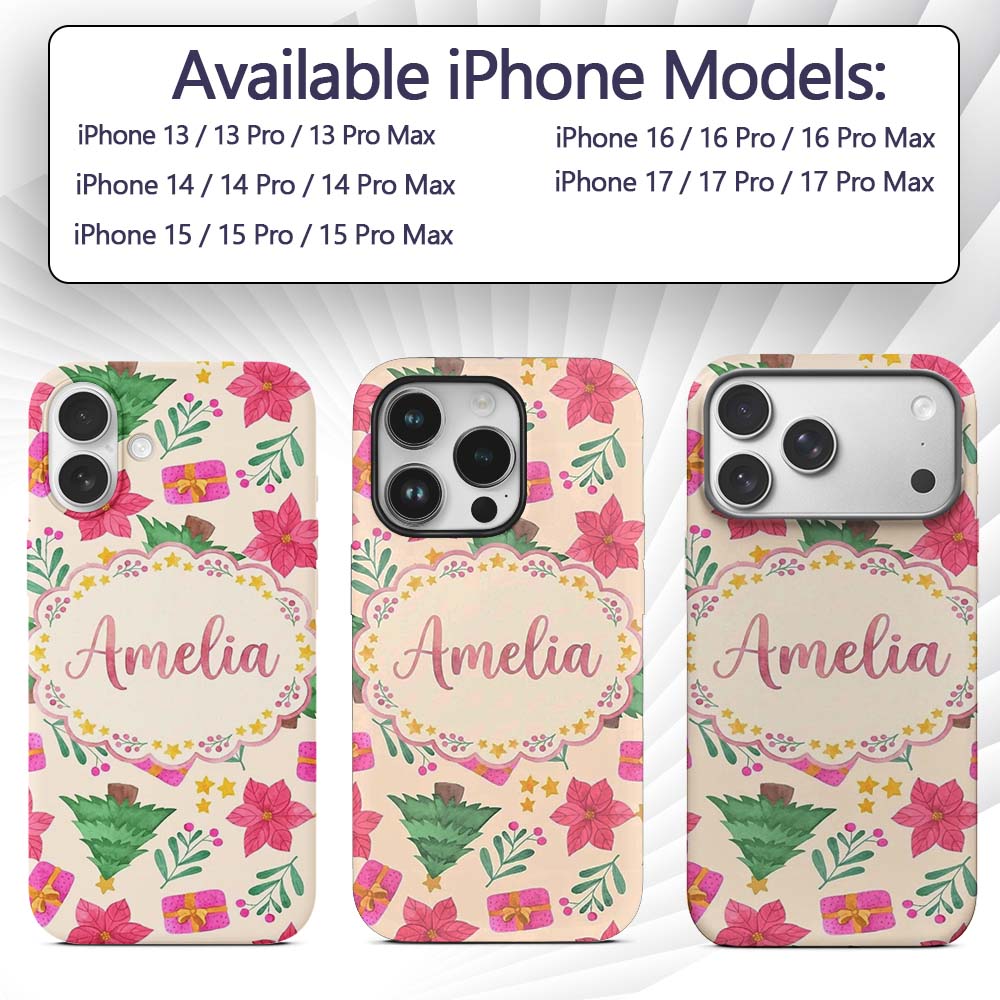Watercolor Christmas Poinsettia Gift Tree Festive Custom Name Protective Phone Case Mobile Cover Durable Everyday Smartphone Shock Resistant