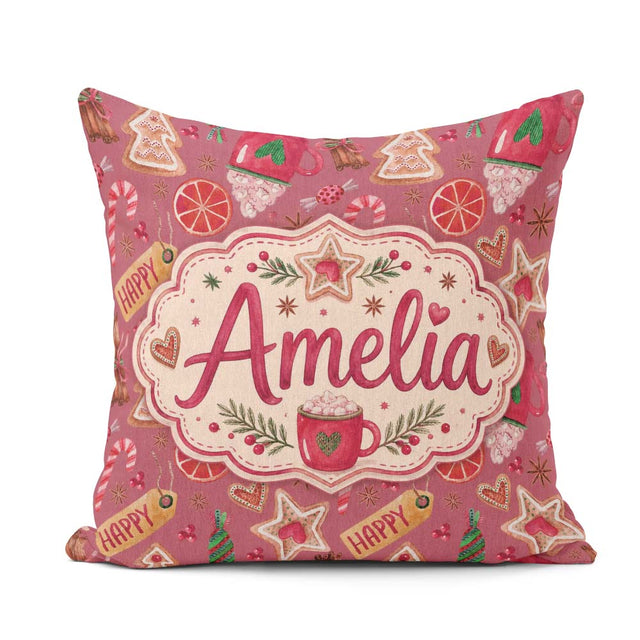 Custom Name Watercolor Christmas Sweets Festive Seamless Pattern Square Filled Cushion Throw Pillow Sofa Bed Home Decor Zip Washable UK Made