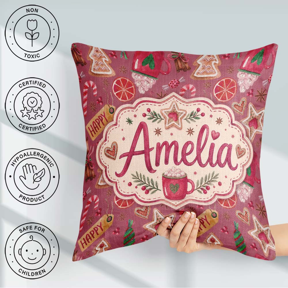 Custom Name Watercolor Christmas Sweets Festive Seamless Pattern Square Filled Cushion Throw Pillow Sofa Bed Home Decor Zip Washable UK Made