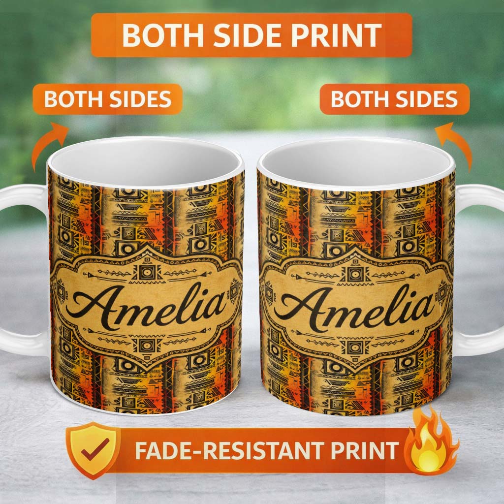 Personalized Custom Name Bold Tribal Panel Pattern with Geometric Blocks in Black Orange and 11oz Ceramic Coffee Tea Mug White Large Handle