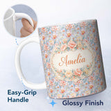 Personalized Custom Name Soft Pastel Floral Botanical Light Blue Background Vintage Style 11oz Ceramic Coffee Tea Mug White Large Handle