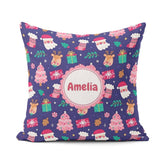 Custom Name Santa Reindeer Tree Festive Night Seamless Pattern Square Filled Cushion Throw Pillow Sofa Bed Home Decor Zip Washable UK Made