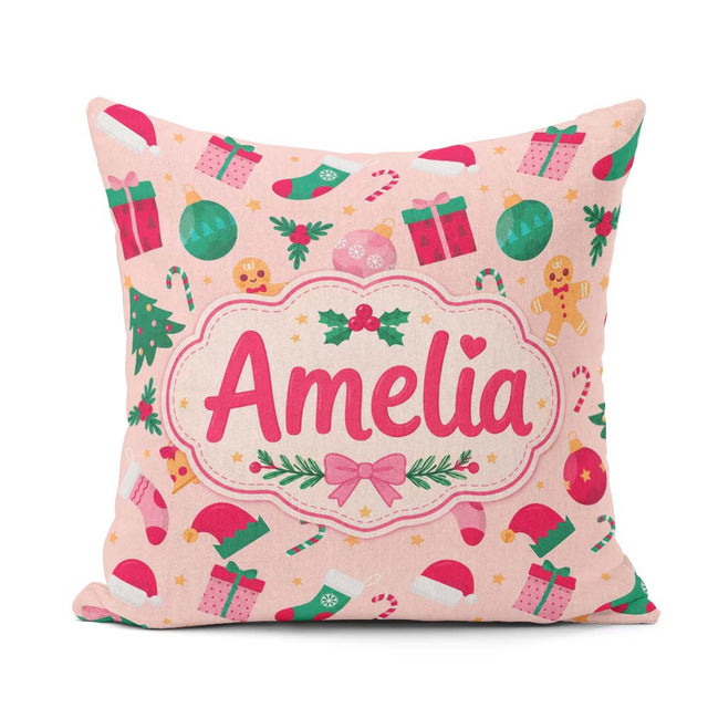 Custom Name Cute Gingerbread Candy Cane Christmas Tree Seamless Square Filled Cushion Throw Pillow Sofa Bed Home Decor Zip Washable UK Made