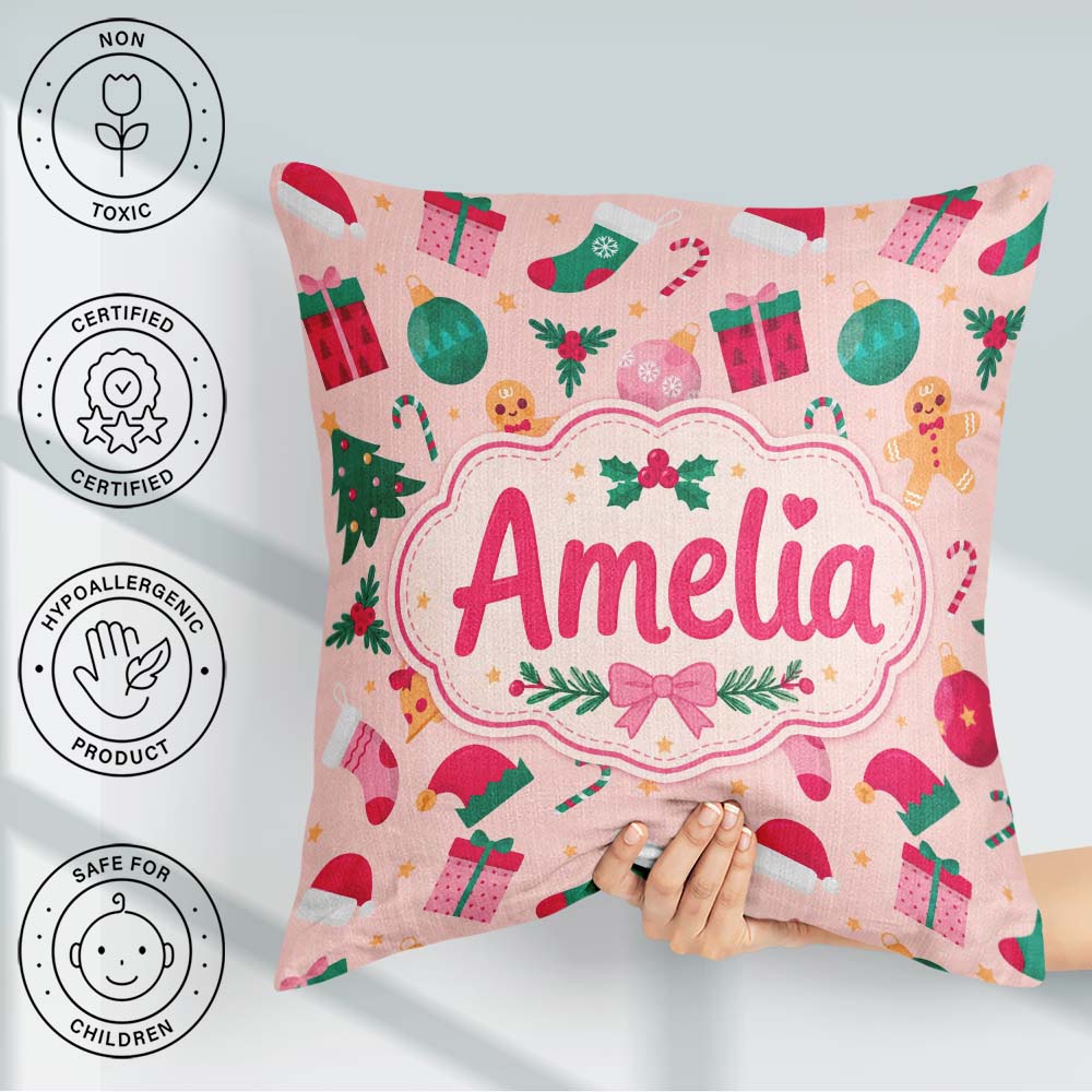 Custom Name Cute Gingerbread Candy Cane Christmas Tree Seamless Square Filled Cushion Throw Pillow Sofa Bed Home Decor Zip Washable UK Made