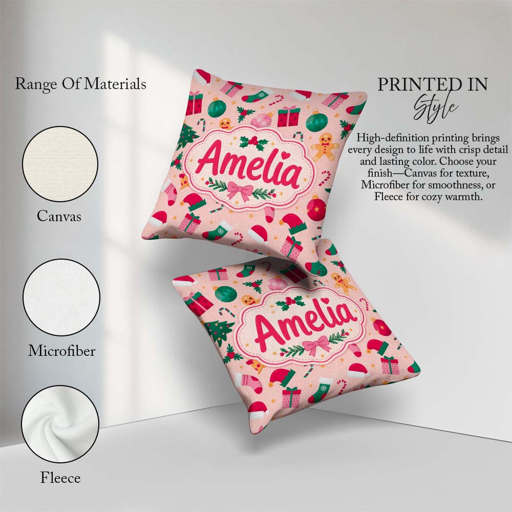 Custom Name Cute Gingerbread Candy Cane Christmas Tree Seamless Square Filled Cushion Throw Pillow Sofa Bed Home Decor Zip Washable UK Made