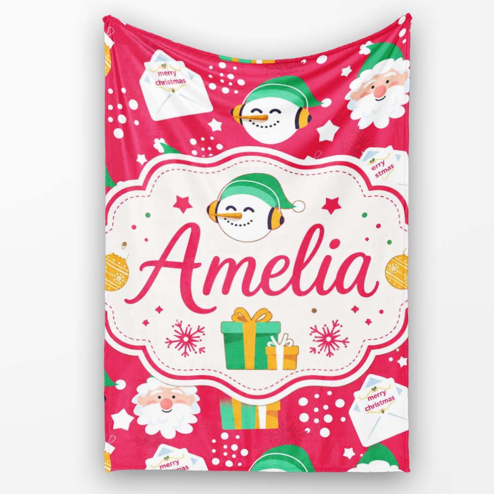 Cute Santa Snowman Gift Merry Christmas Seamless Pattern Lovely  Personalised Custom Name Super Soft Fleece Blanket Bed Sofa Throw