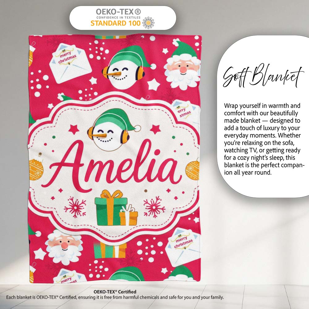 Cute Santa Snowman Gift Merry Christmas Seamless Pattern Lovely  Personalised Custom Name Super Soft Fleece Blanket Bed Sofa Throw