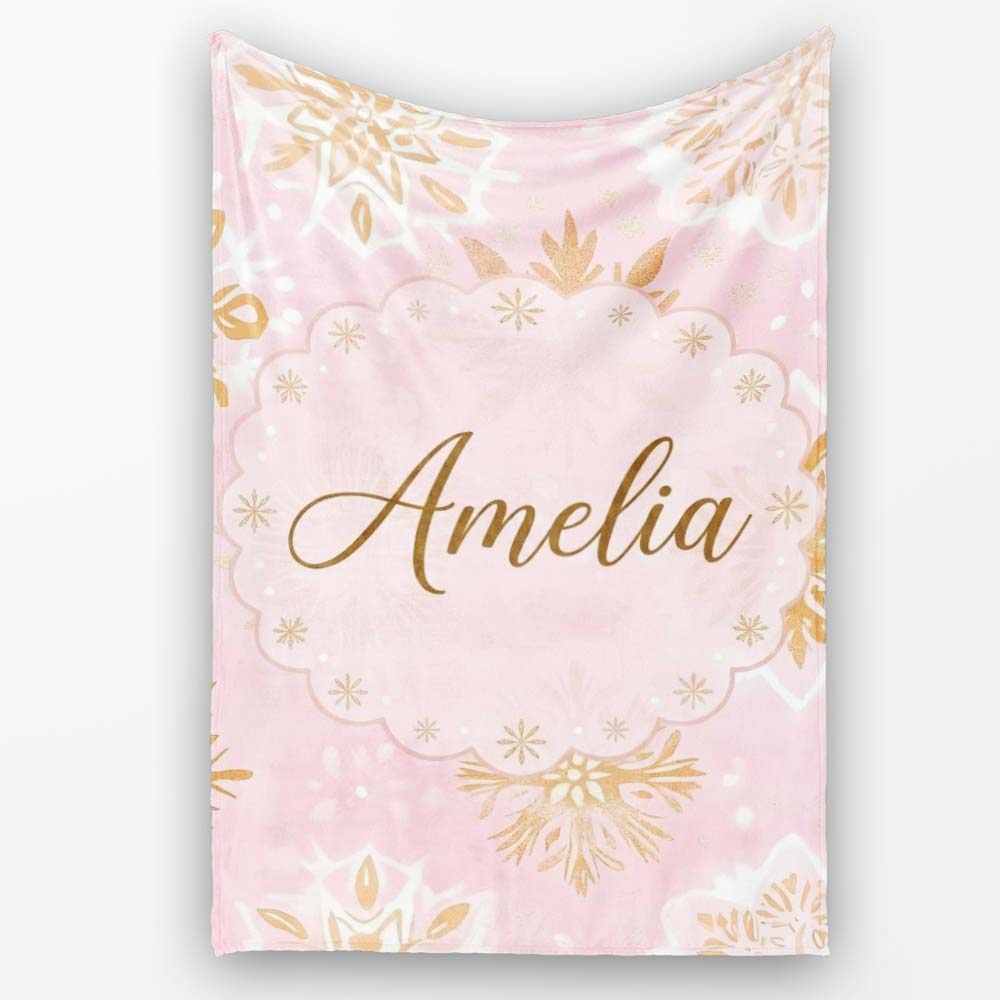 Elegant Gold Snowflake Pink Background Seamless Pattern Lovely  Personalised Custom Name Super Soft Fleece Blanket Bed Sofa Throw