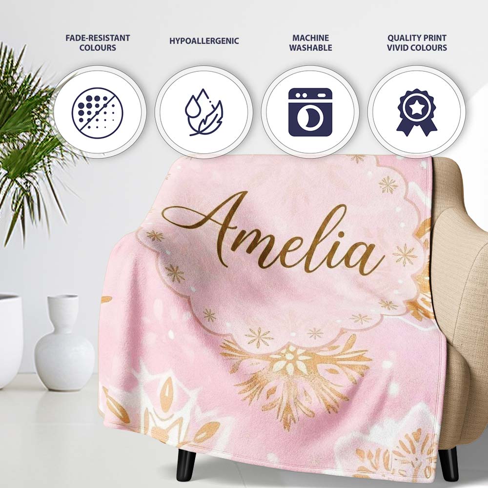 Elegant Gold Snowflake Pink Background Seamless Pattern Lovely  Personalised Custom Name Super Soft Fleece Blanket Bed Sofa Throw