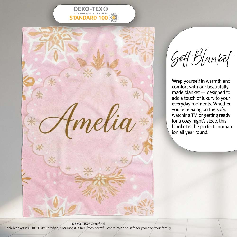 Elegant Gold Snowflake Pink Background Seamless Pattern Lovely  Personalised Custom Name Super Soft Fleece Blanket Bed Sofa Throw