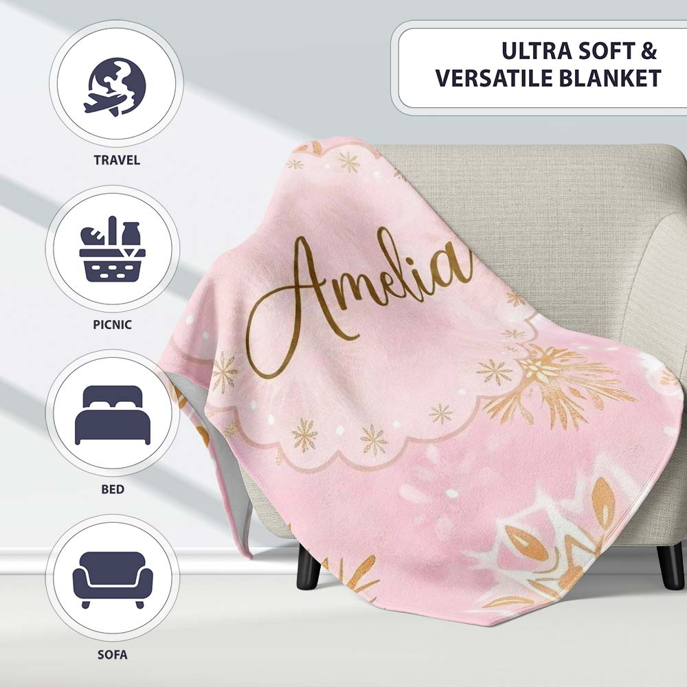 Elegant Gold Snowflake Pink Background Seamless Pattern Lovely  Personalised Custom Name Super Soft Fleece Blanket Bed Sofa Throw
