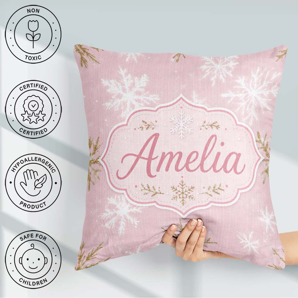 Custom Name Soft White Snowflake Pink Background Seamless Lovely Square Filled Cushion Throw Pillow Sofa Bed Home Decor Zip Washable UK Made