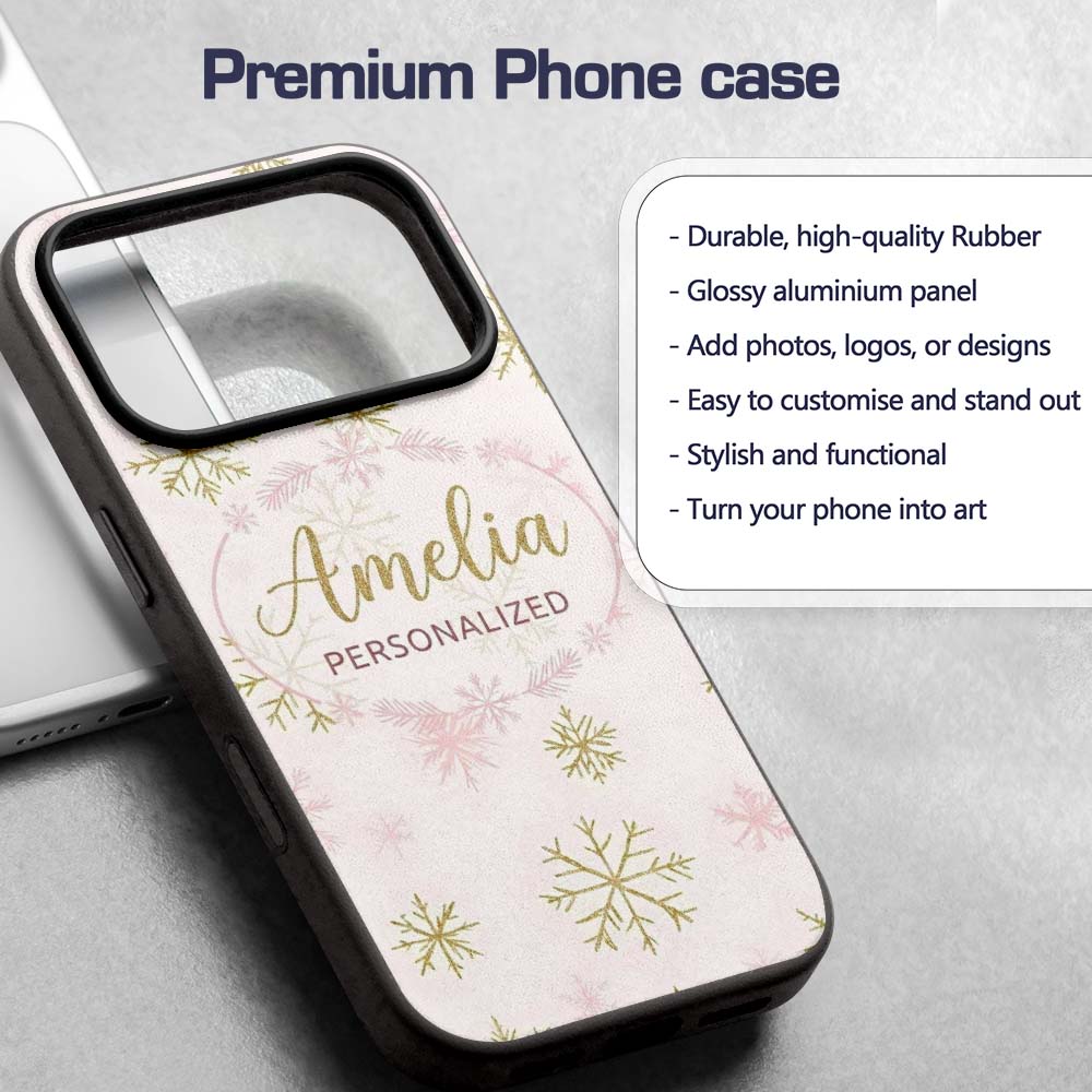 Elegant Gold Snowflake White Pink Printed Design Custom Name Protective Phone Case Mobile Cover Durable Everyday Smartphone Shock Resistant
