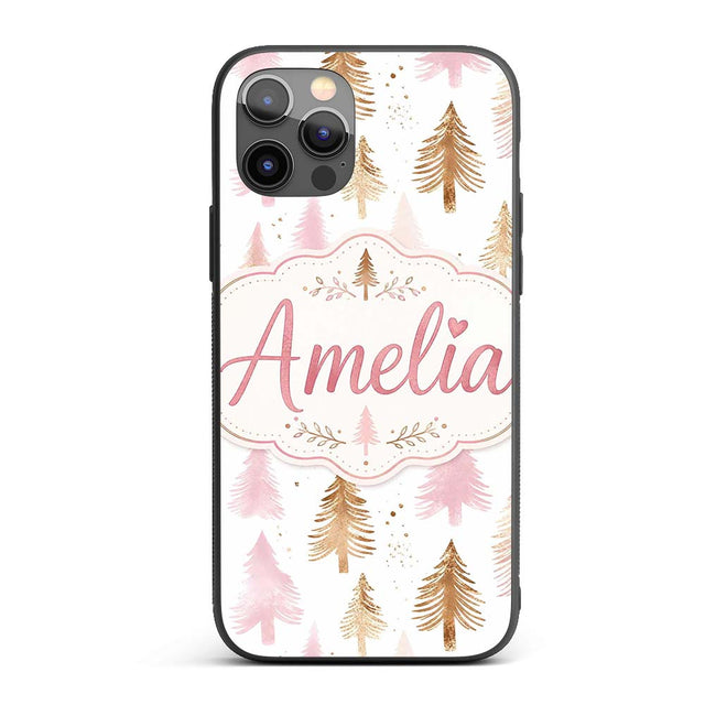 Elegant Gold Pink Christmas Tree Printed Design Custom Name Protective Phone Case Mobile Cover Durable Everyday Smartphone Shock Resistant