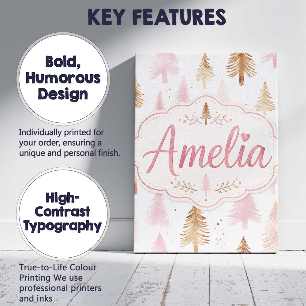 Personalised Name Elegant Gold Pink Christmas Custom Unique Gift Idea Modern Room Accent Canvas Wall Art Print Decor Picture Ready to Hang