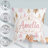 Custom Name Elegant Gold Pink Christmas Tree Watercolor Seamless Square Filled Cushion Throw Pillow Sofa Bed Home Decor Zip Washable UK Made