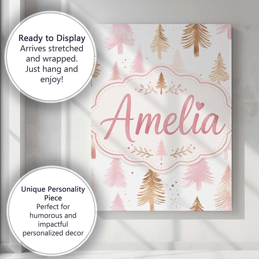 Personalised Name Elegant Gold Pink Christmas Custom Unique Gift Idea Modern Room Accent Canvas Wall Art Print Decor Picture Ready to Hang