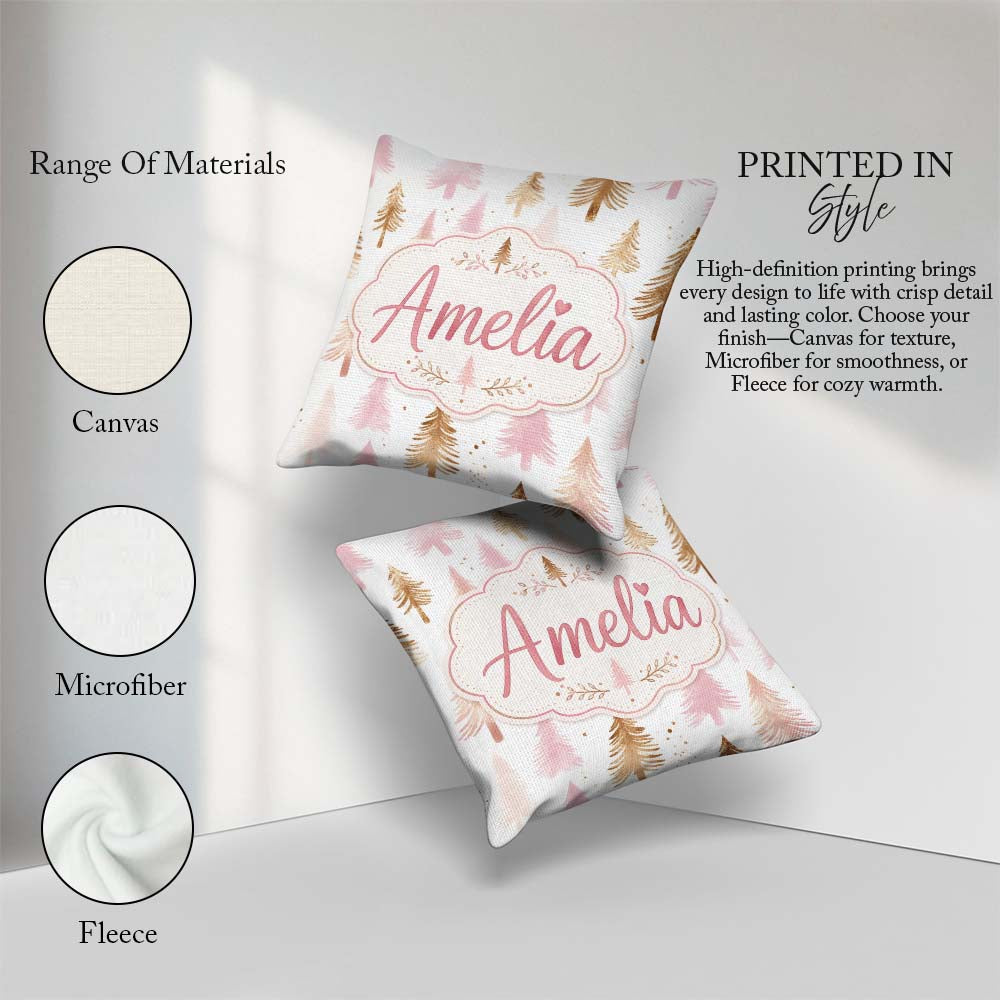 Custom Name Elegant Gold Pink Christmas Tree Watercolor Seamless Square Filled Cushion Throw Pillow Sofa Bed Home Decor Zip Washable UK Made