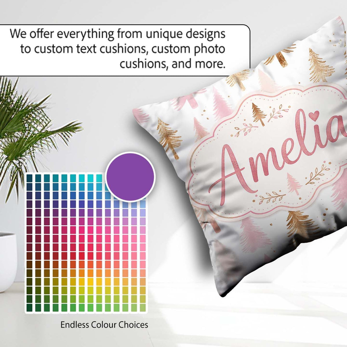 Custom Name Elegant Gold Pink Christmas Tree Watercolor Seamless Square Filled Cushion Throw Pillow Sofa Bed Home Decor Zip Washable UK Made