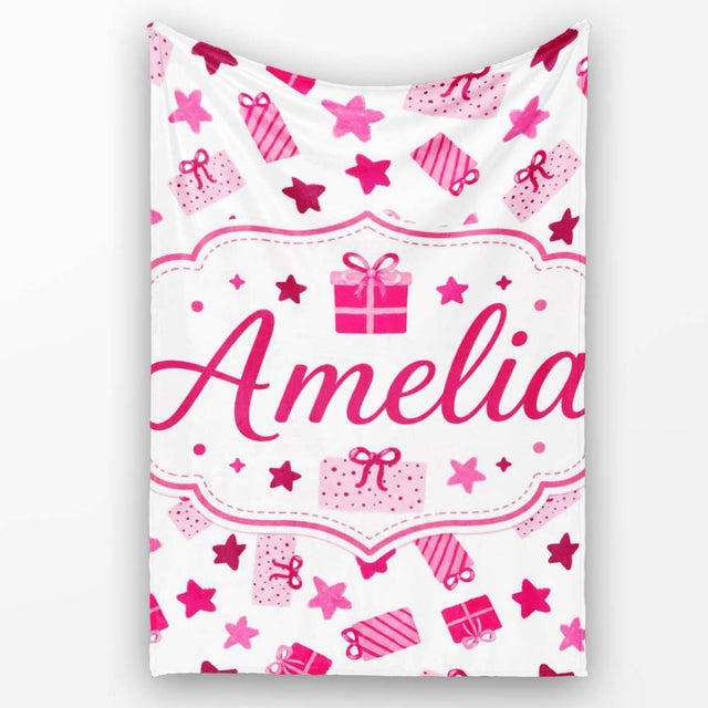 Cute Pink Gift Box Star Festive Seamless Pattern Cute Unique Gift  Personalised Custom Name Super Soft Fleece Blanket Bed Sofa Throw