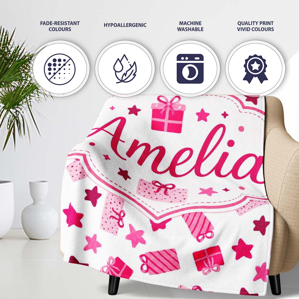 Cute Pink Gift Box Star Festive Seamless Pattern Cute Unique Gift  Personalised Custom Name Super Soft Fleece Blanket Bed Sofa Throw