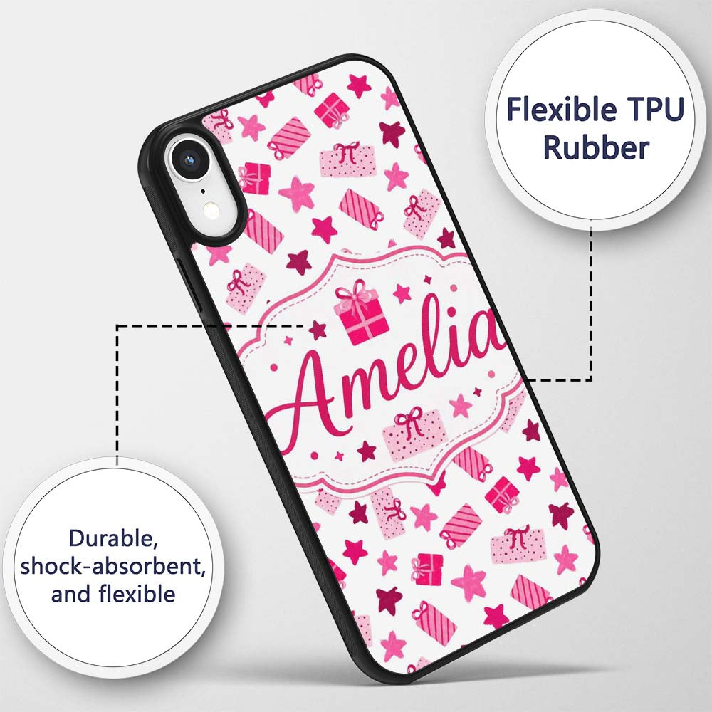 Cute Pink Gift Box Star Festive Seamless Pattern Custom Name Protective Phone Case Mobile Cover Durable Everyday Smartphone Shock Resistant