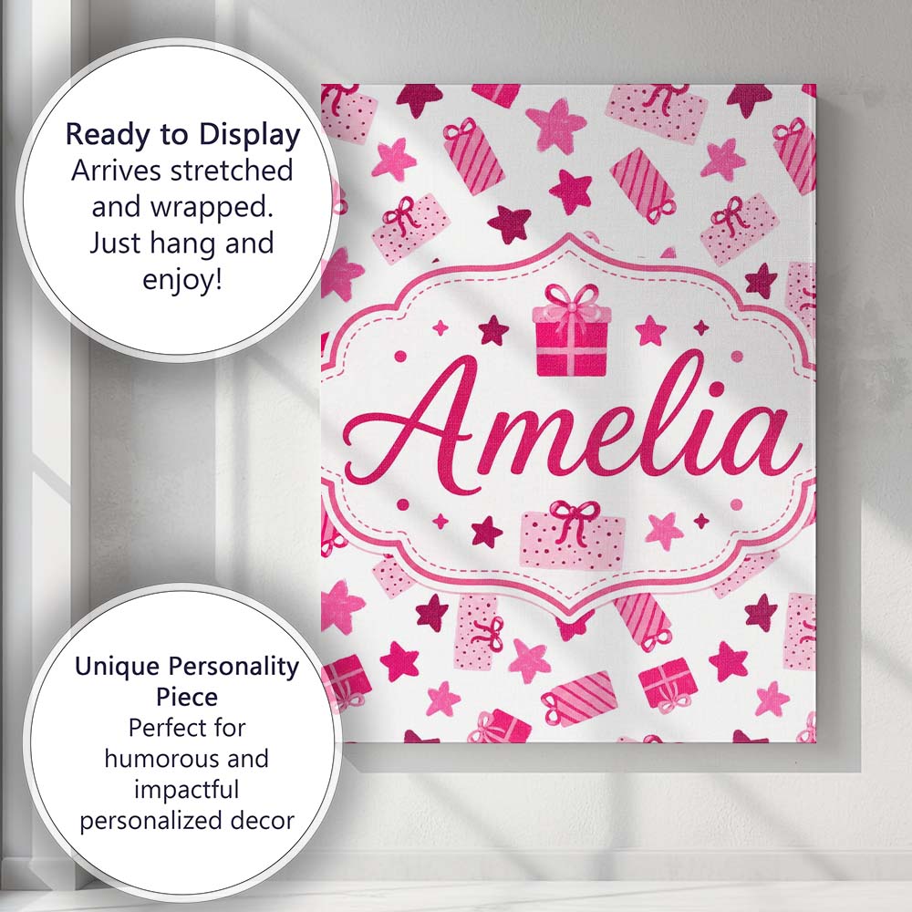 Personalised Name Cute Pink Gift Box Star Custom  Bespoke Decorative Contemporary Canvas Wall Art Print Decor Picture Ready to Hang