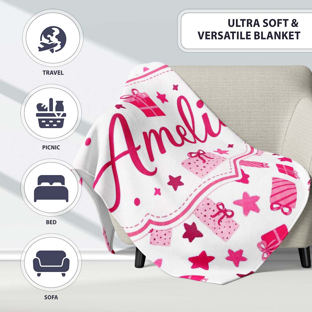 Cute Pink Gift Box Star Festive Seamless Pattern Cute Unique Gift  Personalised Custom Name Super Soft Fleece Blanket Bed Sofa Throw