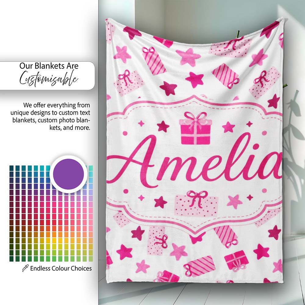 Cute Pink Gift Box Star Festive Seamless Pattern Cute Unique Gift  Personalised Custom Name Super Soft Fleece Blanket Bed Sofa Throw