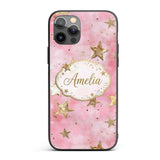 Elegant Gold Star Pink Watercolor Background Custom Name Protective Phone Case Mobile Cover Durable Everyday Smartphone Shock Resistant