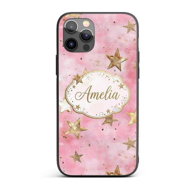 Elegant Gold Star Pink Watercolor Background Custom Name Protective Phone Case Mobile Cover Durable Everyday Smartphone Shock Resistant