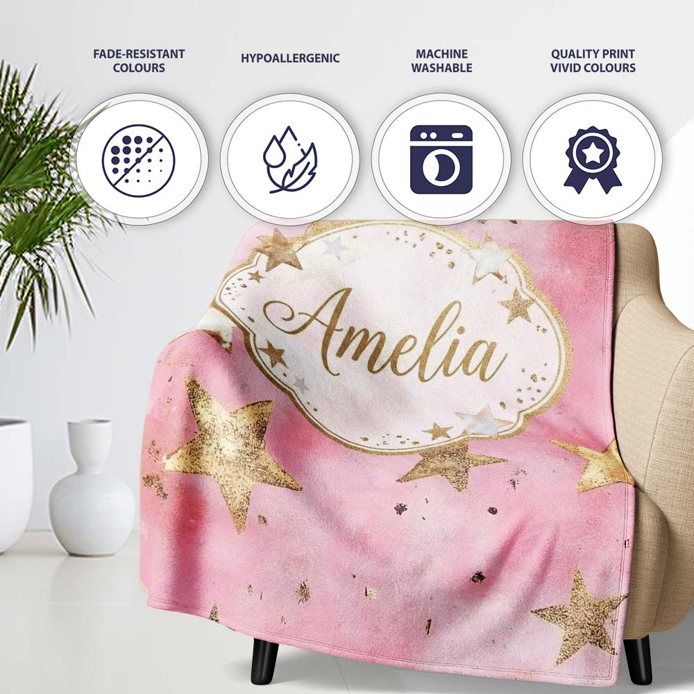 Elegant Gold Star Pink Watercolor Background Seamless Pattern Lovely  Personalised Custom Name Super Soft Fleece Blanket Bed Sofa Throw