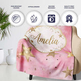 Elegant Gold Star Pink Watercolor Background Seamless Pattern Lovely  Personalised Custom Name Super Soft Fleece Blanket Bed Sofa Throw