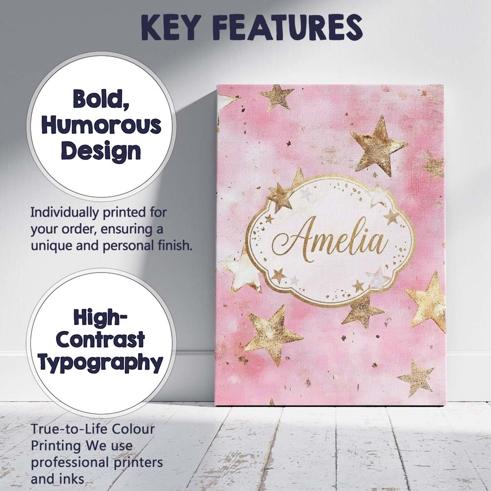 Personalised Name Elegant Gold Star Pink Custom  Interior Decorative Contemporary Canvas Wall Art Print Decor Picture Ready to Hang