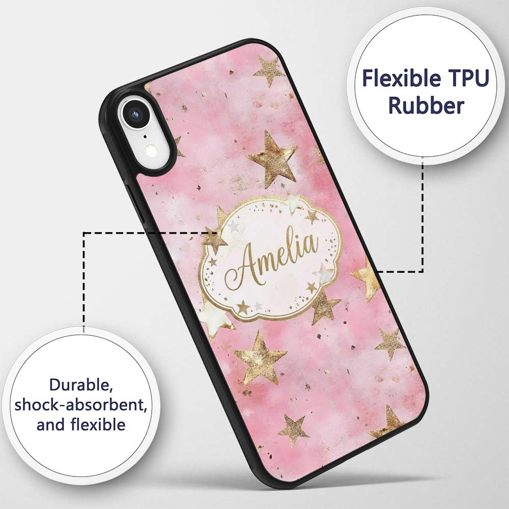 Elegant Gold Star Pink Watercolor Background Custom Name Protective Phone Case Mobile Cover Durable Everyday Smartphone Shock Resistant