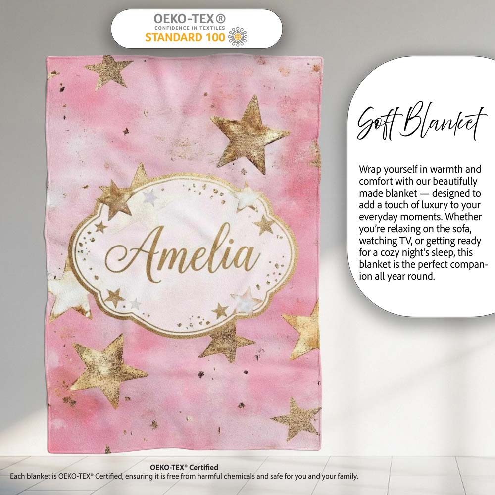 Elegant Gold Star Pink Watercolor Background Seamless Pattern Lovely  Personalised Custom Name Super Soft Fleece Blanket Bed Sofa Throw
