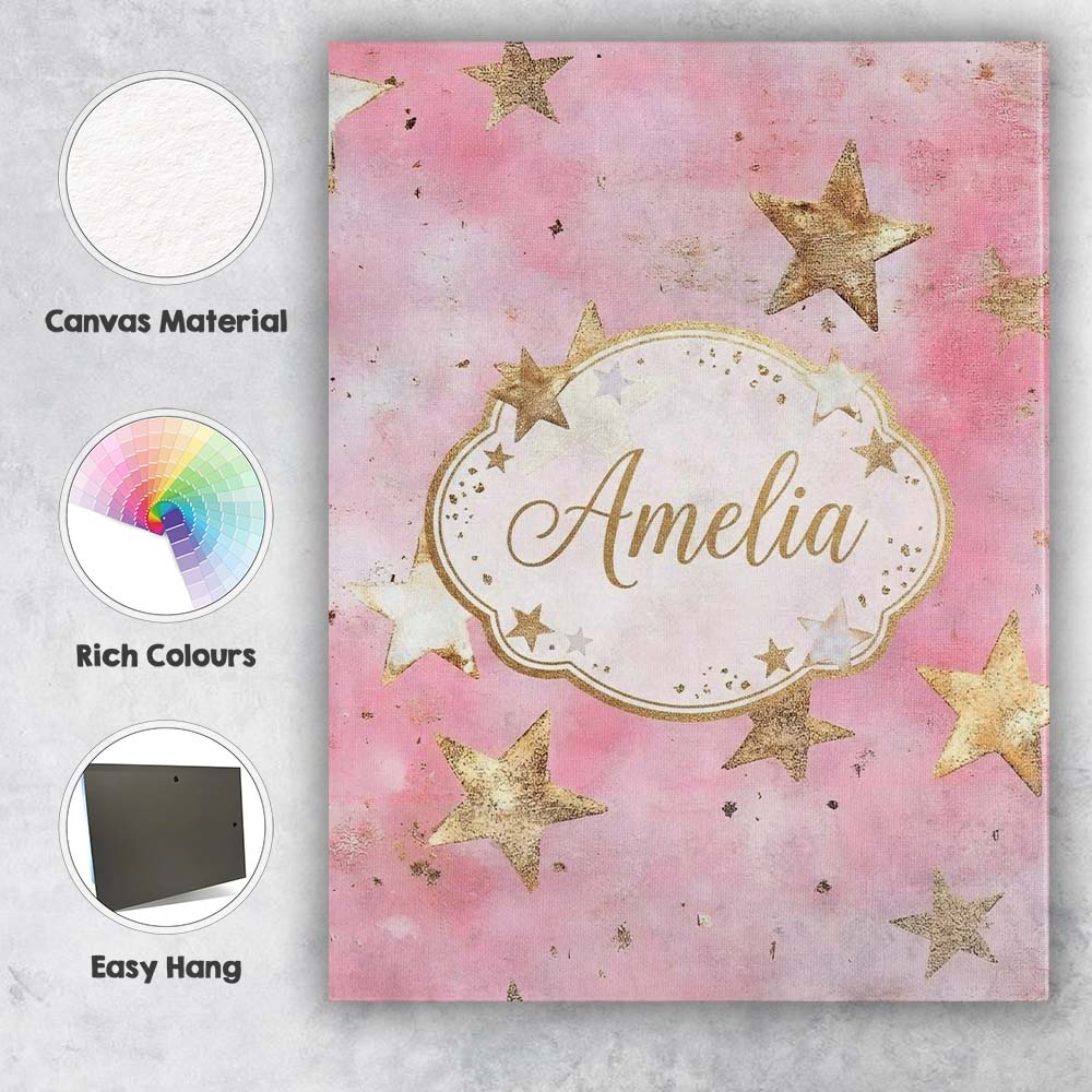 Personalised Name Elegant Gold Star Pink Custom  Interior Decorative Contemporary Canvas Wall Art Print Decor Picture Ready to Hang