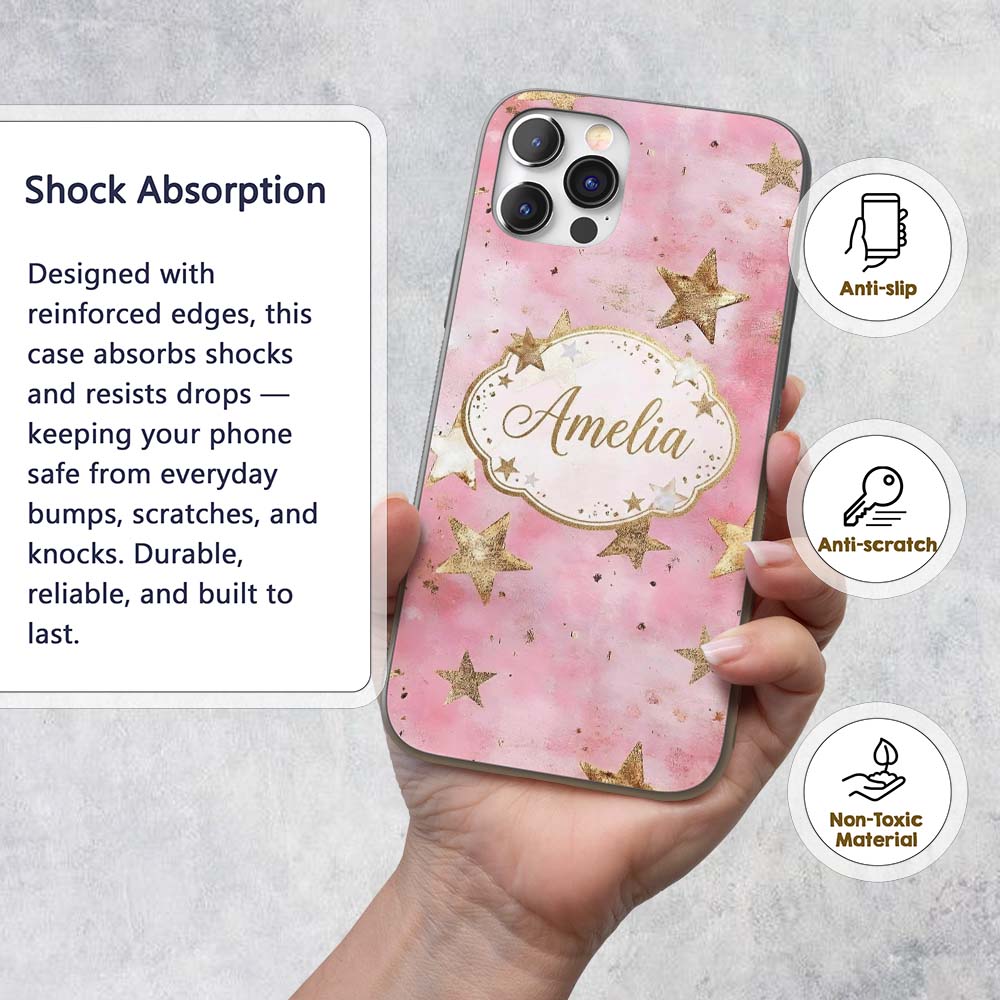 Elegant Gold Star Pink Watercolor Background Custom Name Protective Phone Case Mobile Cover Durable Everyday Smartphone Shock Resistant