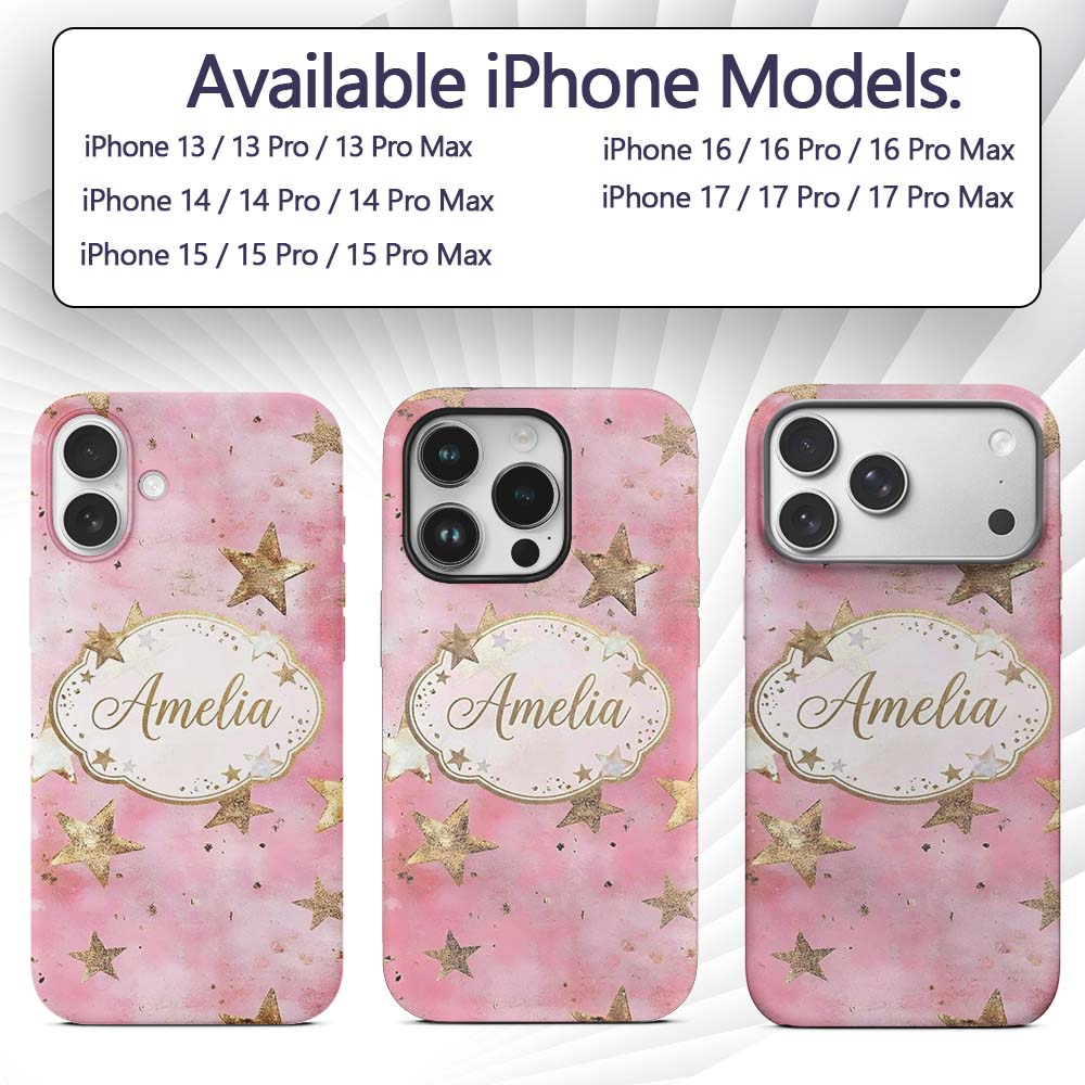Elegant Gold Star Pink Watercolor Background Custom Name Protective Phone Case Mobile Cover Durable Everyday Smartphone Shock Resistant