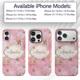 Elegant Gold Star Pink Watercolor Background Custom Name Protective Phone Case Mobile Cover Durable Everyday Smartphone Shock Resistant