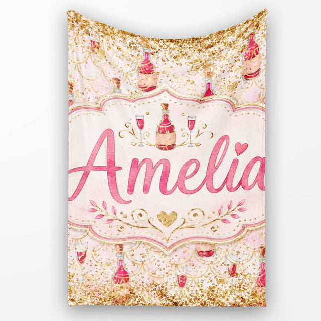 Luxury Champagne Bottle Gold Glitter Party Seamless Pattern Lovely  Personalised Custom Name Super Soft Fleece Blanket Bed Sofa Throw
