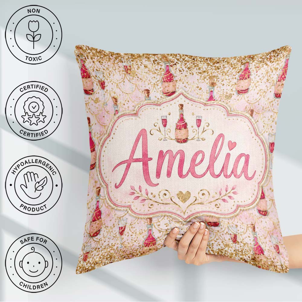 Custom Name Luxury Champagne Gold Glitter Party Seamless Pattern Square Filled Cushion Throw Pillow Sofa Bed Home Decor Zip Washable UK Made