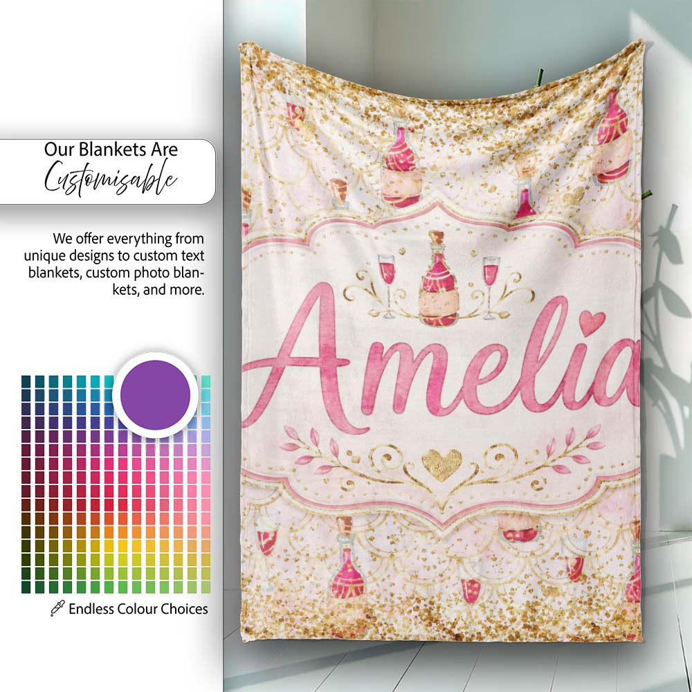 Luxury Champagne Bottle Gold Glitter Party Seamless Pattern Lovely  Personalised Custom Name Super Soft Fleece Blanket Bed Sofa Throw