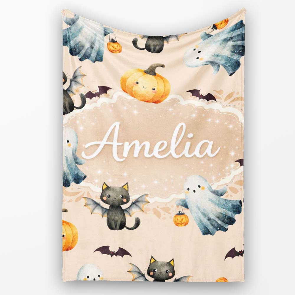 Halloween Ghost Pumpkin Cat Seamless Pattern Warm Beige Cute Spooky  Personalised Custom Name Super Soft Fleece Blanket Bed Sofa Throw